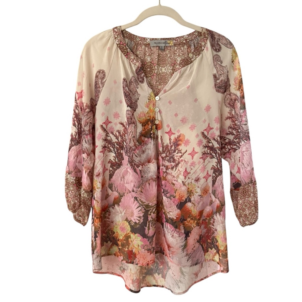 Fig & Flower Boho Pink Cream Floral Blouse Size Small - Picture 3 of 16
